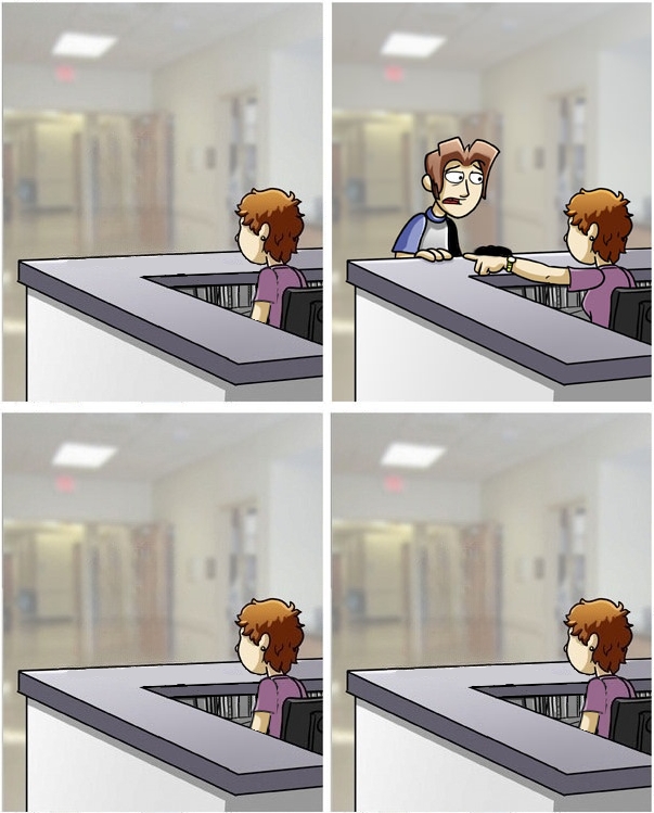 Receptionist waits in panel one, points a patient to a room in panel 2, and waits in panel 3 and 4.